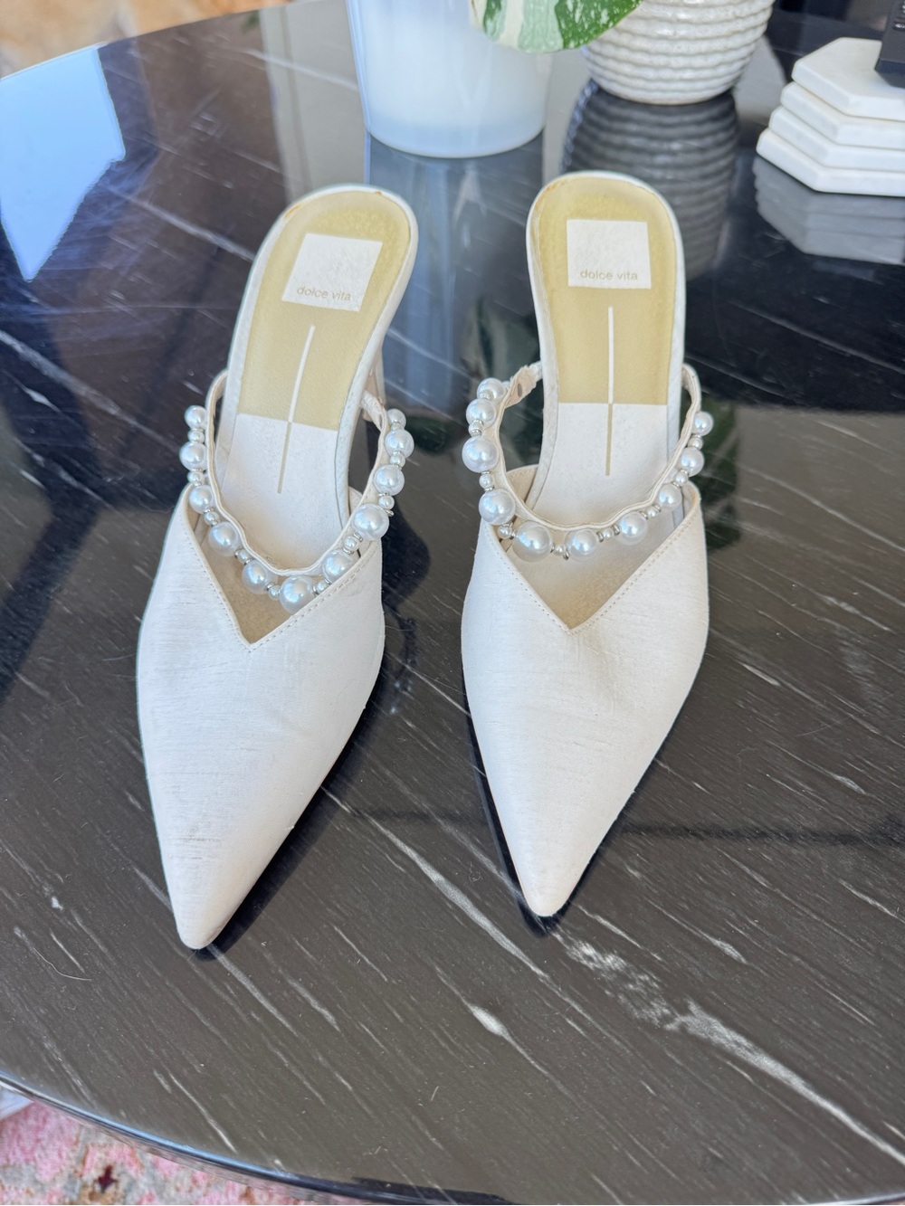Dolce Vita Ivory Pearl-Embellished Pointed Mules